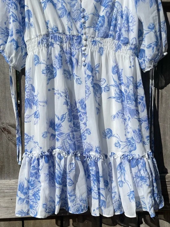 Taylor Blue and White Floral V-Neck Dress - Picture 3 of 12